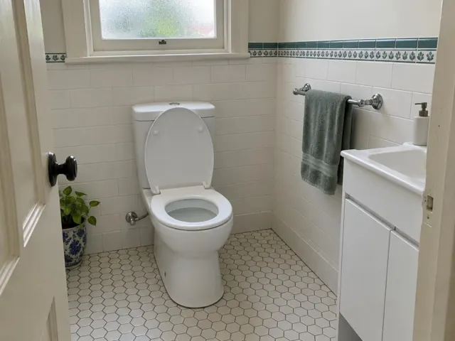 Clean white toilet in a tiled bathroom with sink, towel rail and window in Enfield