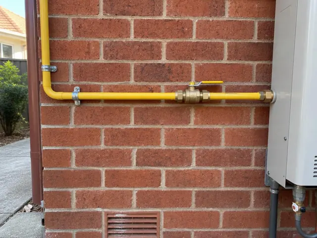 Yellow gas pipe and valve on a red brick exterior wall beside a house appliance in Burwood